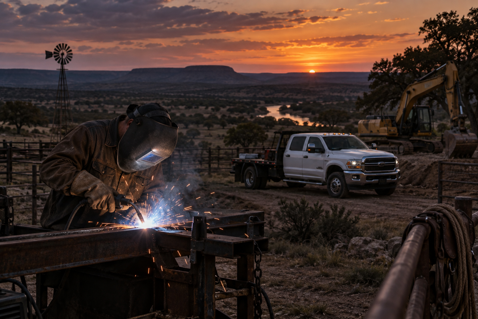 Welder working at a Texas ranch at sunset